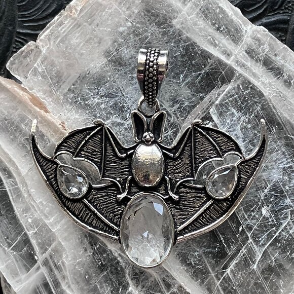Halloween Flying Vampire Bat Colorless Topaz Gemstone Pendant - Picture 1 of 8
